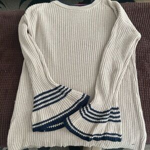 Tommy Hilfiger Tan Knit Sweater with Navy Stripe Bell Cuffs